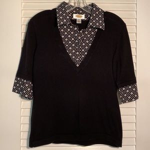 Talbots black knit top, black and white decorative bodice collar and cuffs, PM